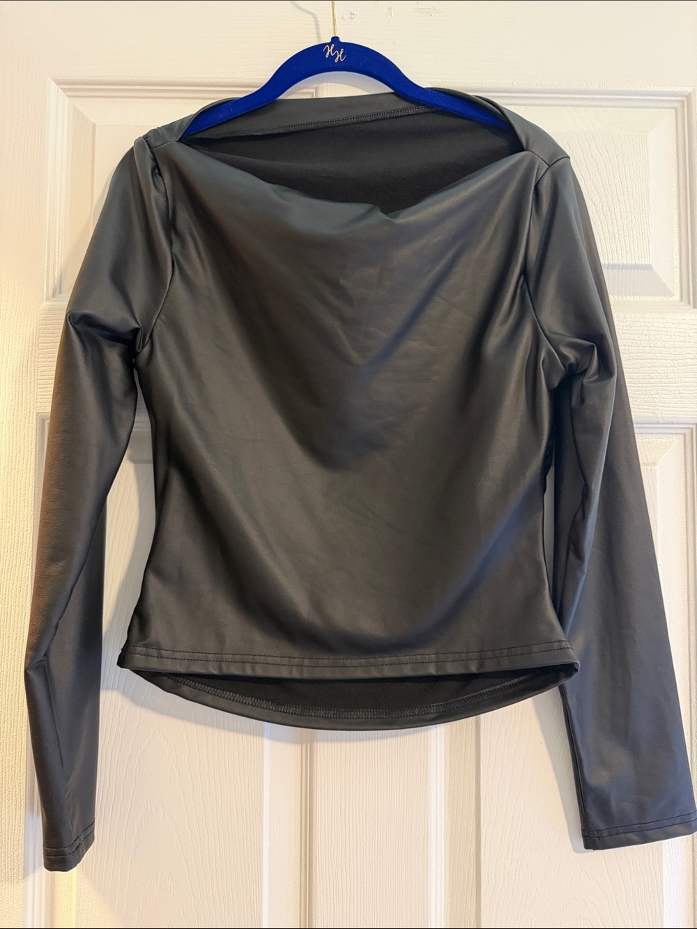 SHEIN Black Faux Leather Long Sleeve Top with Boatneck